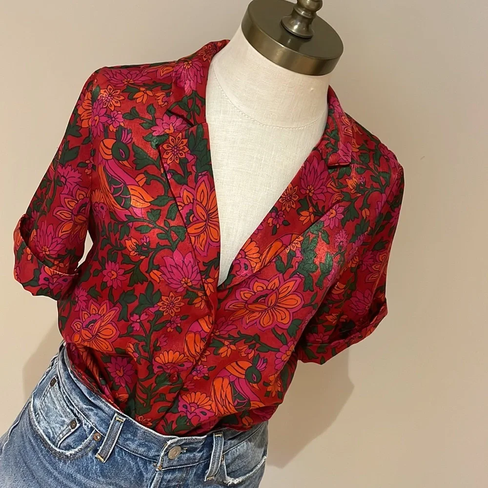 Zara Trf collection floral and bird print  camp shirt size S - Picture 2 of 10